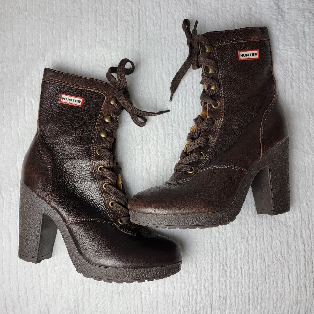Hunter 7.5 Rare Brown Leather Lace Up Heeled Platform Ankle Boots Style BOYN1026
